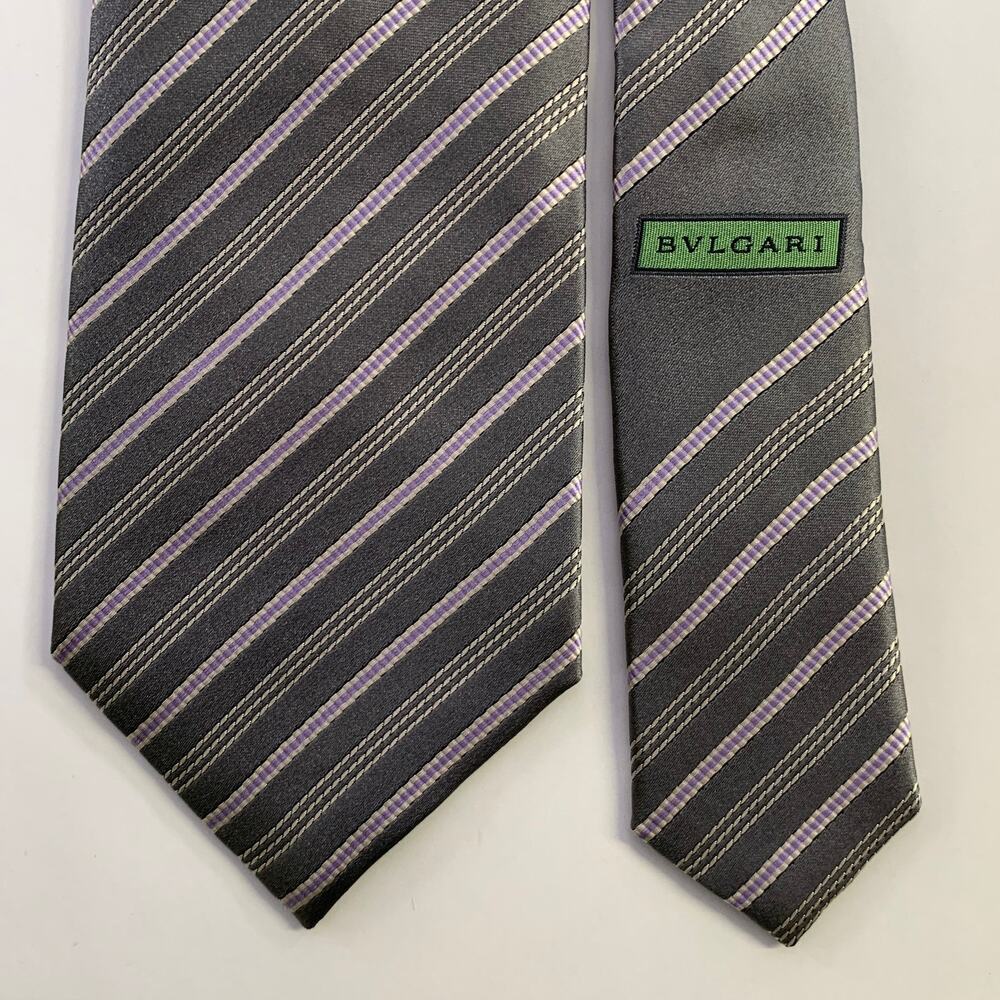 BVLGARI Grey Lavender Diagonal Stripe Silk Tie